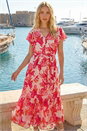 Red Floral Tiered Tie Waist Dress, Image 2 of 4