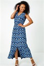 Navy Petite Aztec Print Shirred Maxi Dress, Image 1 of 5