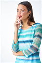 Blue Lace Trim Stripe Mesh Overlay Top, Image 4 of 5