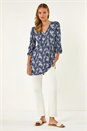 Navy  Paisley Print V-Neck Stretch Top, Image 2 of 4
