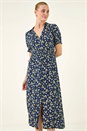 Navy  Ditsy Print V-Neck Midi Dress, Image 5 of 6
