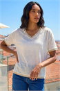 Cream  Metallic Trim V-Neck T-Shirt, Image 1 of 4