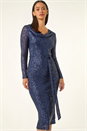 Navy  Dusk Sequin Cowl Neck Stretch Dress, Image 4 of 5