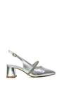 Silver XY LONDON Silver 'Sandie' Sling Back Strappy Pointed Toe Diamante Mid Block Heels, Image 1 of 4