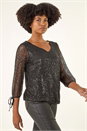 Black Sequin Mesh Blouson Top, Image 4 of 5