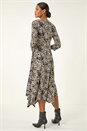 Beige Printed Hanky Hem Stretch Midi Dress, Image 3 of 5