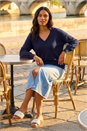 Navy Plain Stretch V-Neck Longline Jumper, Image 1 of 4