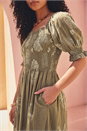 Khaki Coral Print Shirred Midi Dress, Image 4 of 4