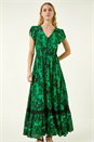 Green Tropical Leaf Print V-Neck Midi Dress, Image 2 of 5