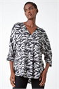 Silver Animal Print Button Detail V-Neck Top, Image 2 of 5