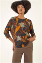 Rust Floral Print Curved Hem Top, Image 4 of 5
