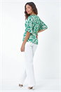 Green Floral Print V-Neck Wrap Tie Top, Image 3 of 5