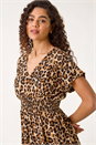 Tan Animal Print Shirred Midi Dress, Image 4 of 5