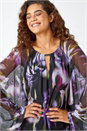 Purple Floral Print Mesh Stretch Top, Image 4 of 5