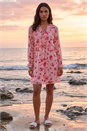 Light Pink Rose Print Ruffle V-Neck Smock Dress, Image 1 of 4