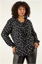 Black Curve Polka Dot Ruffle Top, Image 1 of 5