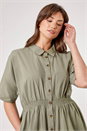 Khaki Curve Shirred Waist Shirt Dress, Image 5 of 5