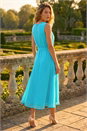 Blue Chiffon Pleat Neck Midi Dress, Image 2 of 4