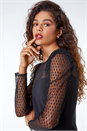 Black Spot Mesh Puff Sleeve Ruched Midi Dress, Image 1 of 5