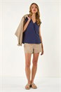 Navy  Sleeveless V-Neck Lace Trim Cotton Top, Image 2 of 5