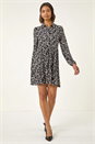 Black Abstract Print Buttoned Stretch Dress, Image 3 of 5