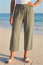 Khaki Petite Linen Blend Wide Cropped Trousers, Image 2 of 4