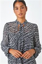 Black Animal Print Tie Neck Blouse, Image 4 of 5