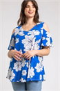 Royal Blue Curve Floral Print V-Neck Cold Shoulder Top, Image 1 of 4