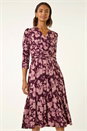Wine Abstract Floral Wrap Midi Dress, Image 1 of 5