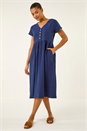 Navy Linen Look Button Midi Dress, Image 1 of 4
