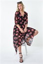 Black Floral Stretch Mesh Hanky Hem Wrap Dress, Image 1 of 5