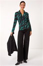Teal Abstract Linear Print Stretch Blouse, Image 2 of 5