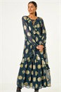 Teal Frill Brocade Midi Dress, Image 4 of 5