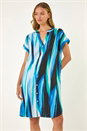 Blue Abstract Printed Linen Shift Dress, Image 2 of 5