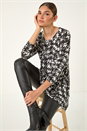 Black Dogstooth Print Pocket Stretch Tunic Top, Image 1 of 5