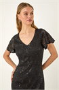 Black Sequin Lace Ruffle Midi Dress, Image 4 of 5
