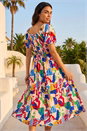 Multi  Abstract Print Shirred Midi Dress, Image 2 of 4
