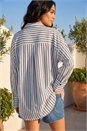 Navy  Stripe Print Button Up Blouse, Image 3 of 4