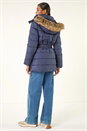 Navy  Faux Fur Padded Belt Coat, Image 3 of 5
