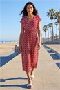 Red Geo Print V-Neck Stretch Midi Dress, Image 2 of 4