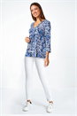 Navy  Leaf Print V-Neck Pintuck Tunic Swing Top, Image 2 of 5