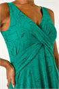 Green Floral Glitter Print Midi Stretch Dress, Image 5 of 5