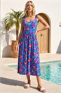Blue Floral Shirred Strap Midi Dress, Image 2 of 4
