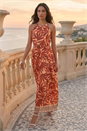 Rust Abstract Pleated Halter Neck Maxi Dress , Image 3 of 4