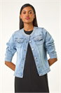 Light Denim Pearl Detail Collarless Jacket, Image 1 of 5