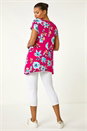 Fuchsia Floral Print Hanky Hem Stretch Tunic Top, Image 3 of 5