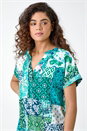 Green Patchwork Print Woven V-Neck Pleat Front Top, Image 4 of 5