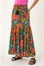 Black Floral Print Tiered A-Line Skirt, Image 1 of 7