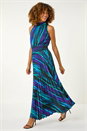 Purple Printed Halter Neck Pleat Shirred Midi Dress, Image 2 of 5