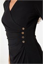 Black Ruched Button Stretch Midi Shirt Dress, Image 5 of 5
